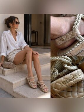 Chanel beige leather and rope quilted logo sandals.
